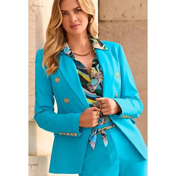 Boston Proper Modern Double Breasted Blazer Size 4 Teal Blue Gold Buttons New - Picture 8 of 9